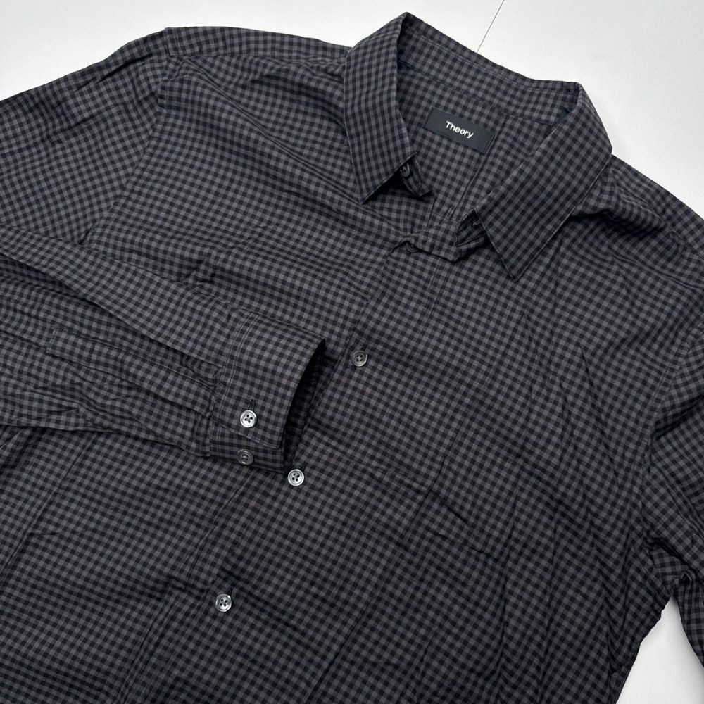 Theory Mens Gingham Check Button Down Shirt Grey Black Long Sleeve Size M